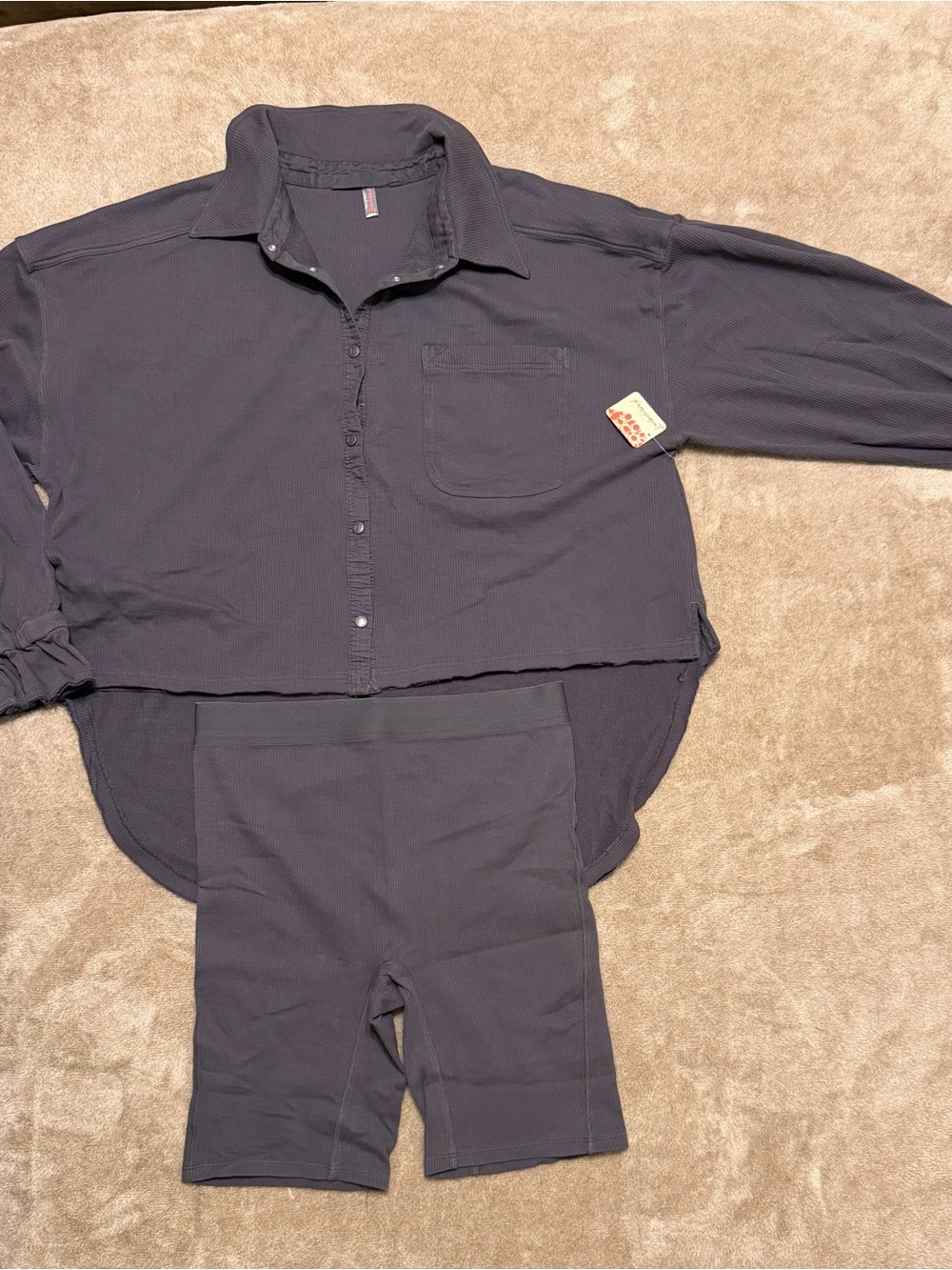 Free People Casual Long-Sleeve Button Shirt and Shorts Set in Dark Gray